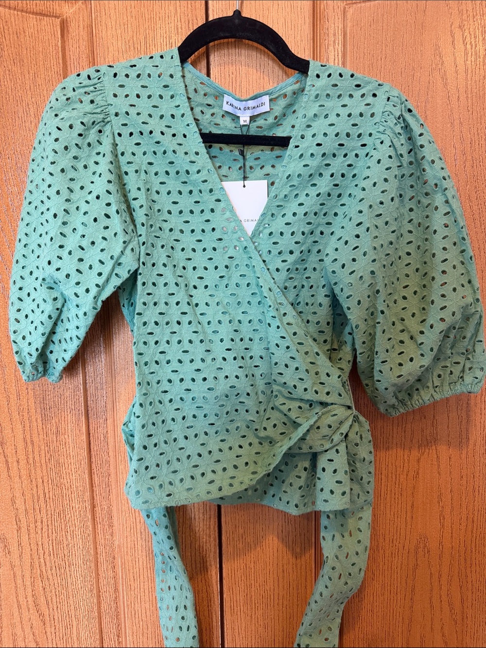 NWT Karina Grimaldi Green Eyelet Wrap Top